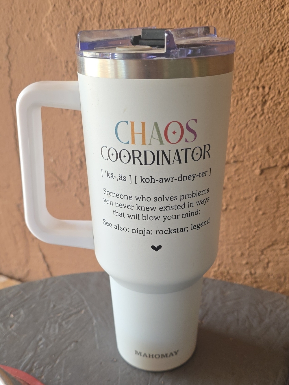 White 'Chaos Coordinator' Insulated Travel Mug with Handle